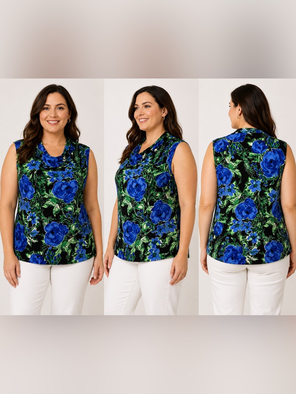 Black Label by Evan Picone Blue Floral Cowl Neck Sleeveless Top XL